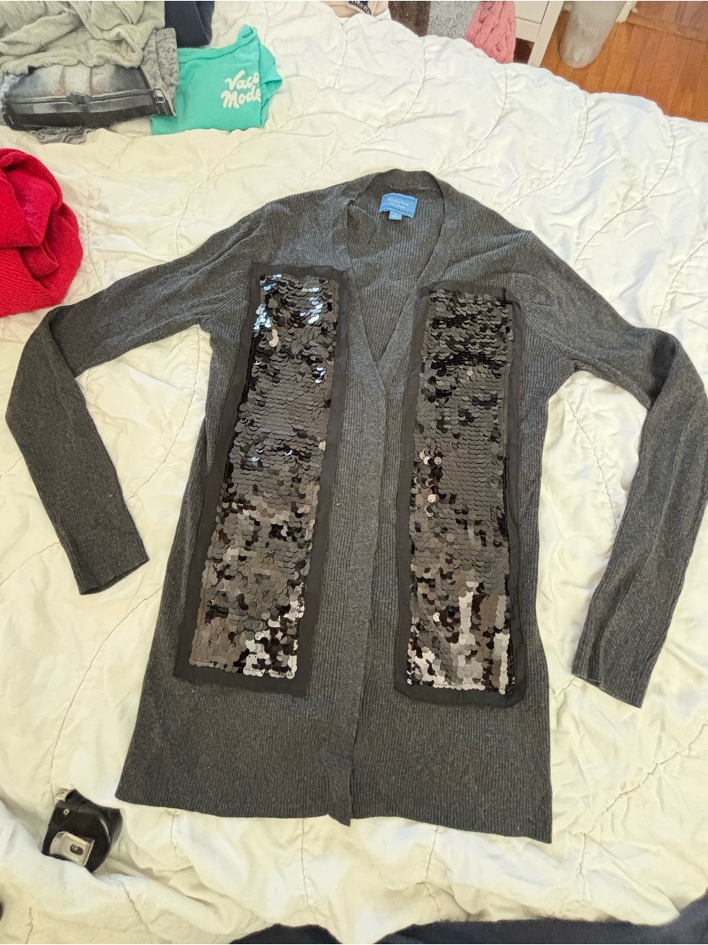 Simply Vera Vera Wang Gray Sequin Cardigan Medium Ribbed Metallic Glam Duster